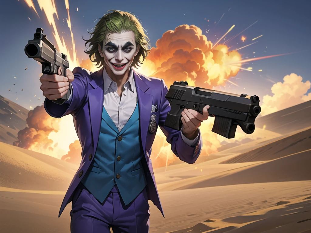 Masterpiece, best quality, The Joker wears a purple suit., , look at viewer, Aim the gun., ถือpistol, look at viewer, stand, , ((pistol)),((Aim the gun.ไปที่ผู้ชม)),gun possession, desert, Laugh and laugh ,explosion from gun , lots of smoke