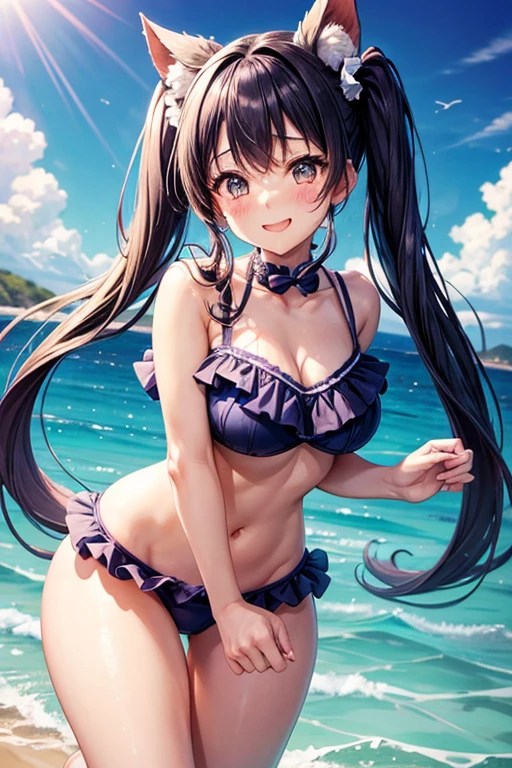 One woman,Twin tails,big tail,eye_purple,hair_Navy Blue,blush,cute,Ocean,A very happy smile,Mouth wide open,Swimwear_Light blue,Big frills,Splash,