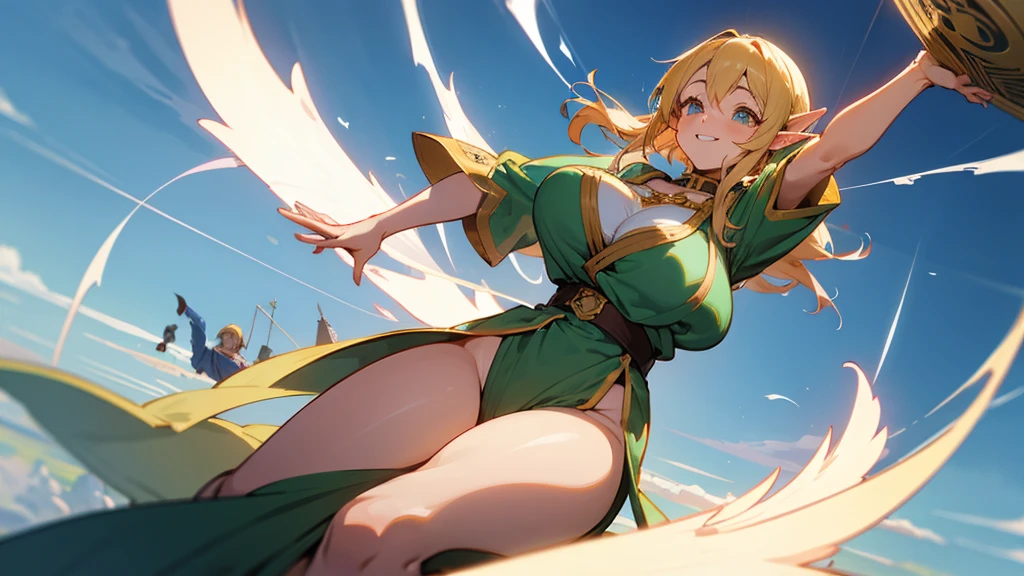 Thick thighs,Anime Style,A detailed background with many people,Magical World,People flying in the sky,Smiling bard beautiful elf girl,Overreaching,Large Breasts