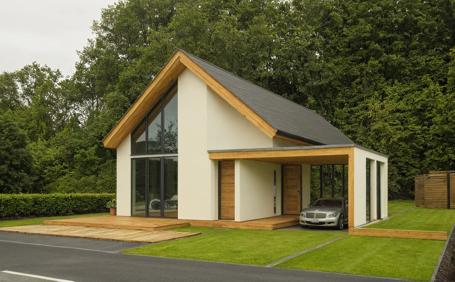 head of'artwork, High quality, best quality, authentique, Realistic scene, great detail, En plein air, house on the street ,white wall, window, portail en acier, road, pavement, grass, trees, sky, nuvens, car (day light:1.1)