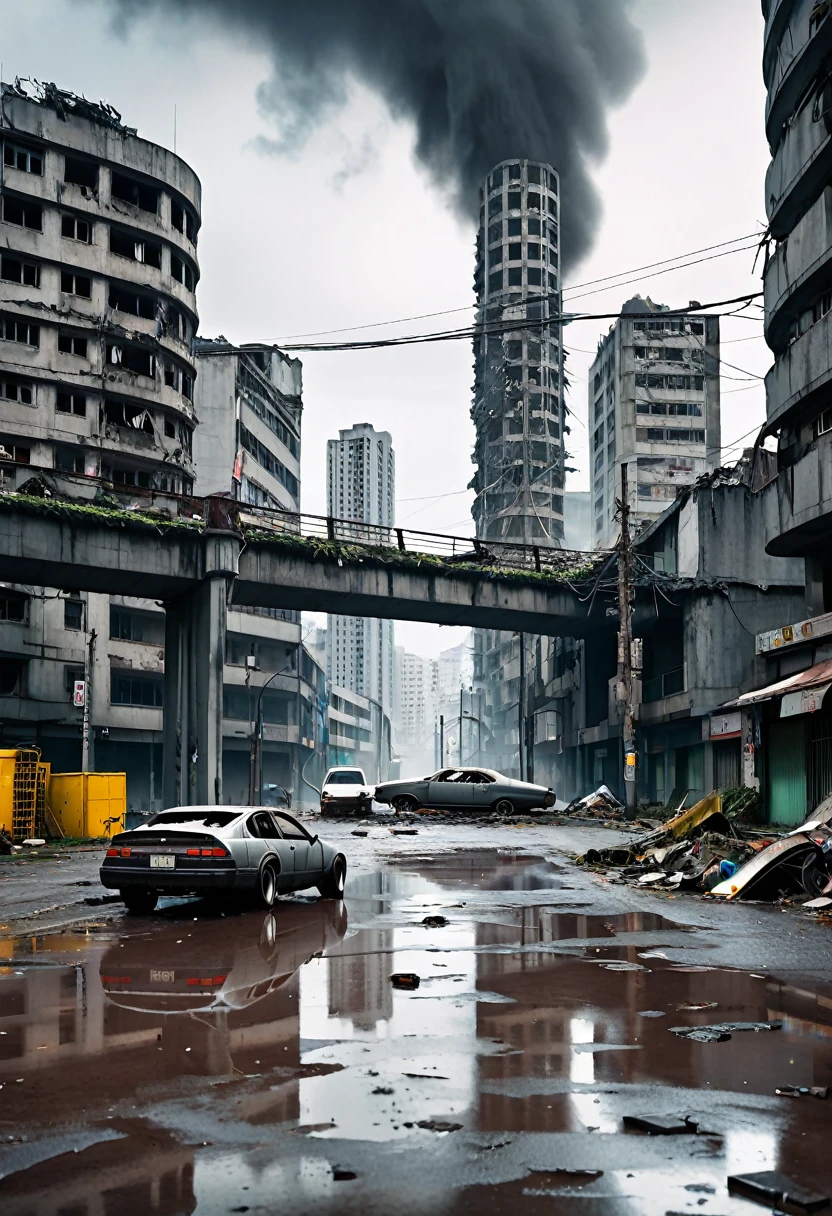 Image taken from a height of 1 metre。The crumbling grey concrete curved viaduct、Supported by wide, tall car pillars、Passing through the heart of a modern, ultra-futuristic, ruined city、Rusty, abandoned and dirty cars and buses standing upside down on the street。, Dirty modern circular building in ruins and crumbling, Cyberpunk Style, Gray Environment, night空, dark, night, Images with shades of grey, Rain and puddles on the ground, sf, Nuclear apocalypse with smoke rising from buildings, mad max style, The traffic lights went out and the electric pole fell over.、Cityscape with electric pole wires lying on the ground, There is a rusty chain link fence around the building., Signs and lights go out、Falling from buildings。, Many buildings are collapsing on the horizon, Some buildings have collapsed, Debris and trash on the street, There is a girl with dirty clothes, Walking down the street in torn clothes and with his hood up, looking at the horizon, Be as realistic as possible, high quality, 4K, Ultra-detailed