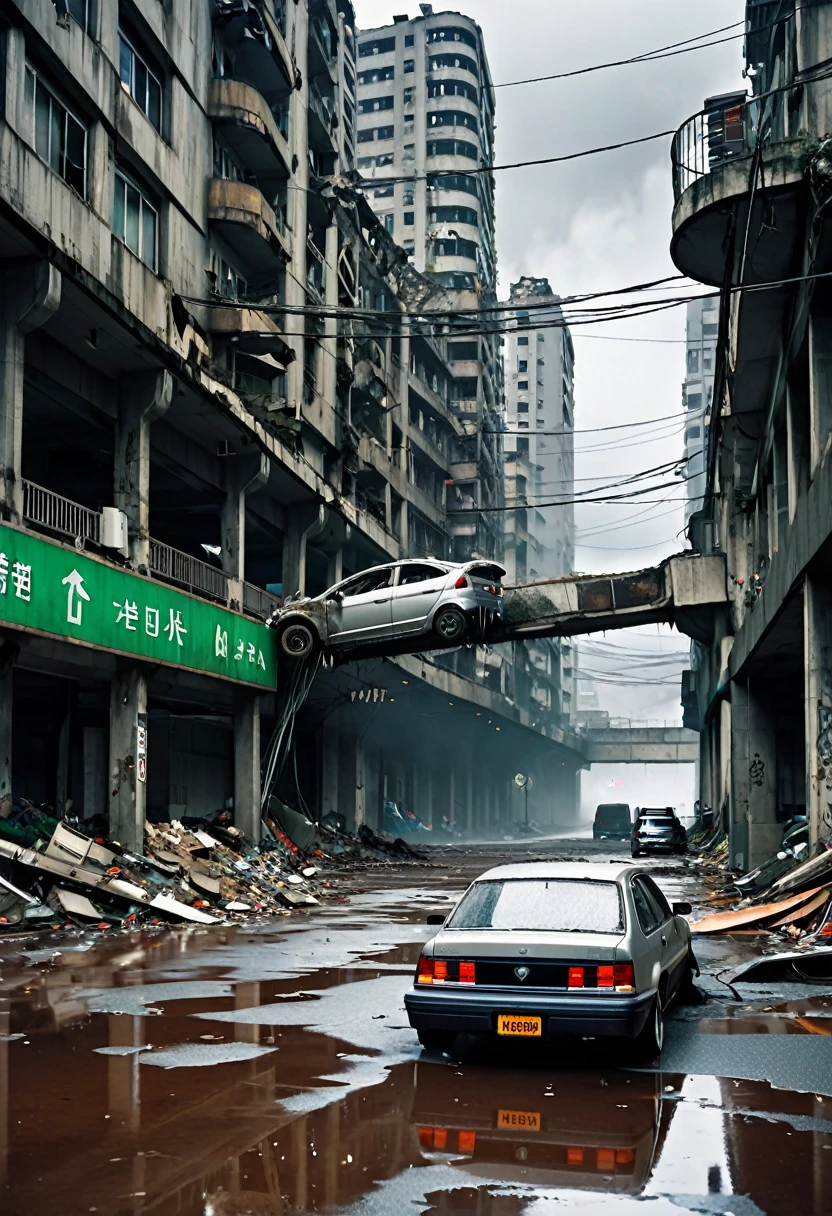 Image taken from a height of 1 metre。The crumbling grey concrete curved viaduct、Supported by wide, tall car pillars、Passing through the heart of a modern, ultra-futuristic, ruined city、Rusty, abandoned and dirty cars and buses standing upside down on the street。, Dirty modern circular building in ruins and crumbling, Cyberpunk Style, Gray Environment, night空, dark, night, Images with shades of grey, Rain and puddles on the ground, sf, Nuclear apocalypse with smoke rising from buildings, mad max style, The traffic lights went out and the electric pole fell over.、Cityscape with electric pole wires lying on the ground, There is a rusty chain link fence around the building., Signs and lights go out、Falling from buildings。, Many buildings are collapsing on the horizon, Some buildings have collapsed, Debris and trash on the street, There is a girl with dirty clothes, Walking down the street in torn clothes and with his hood up, looking at the horizon, Be as realistic as possible, high quality, 4K, Ultra-detailed