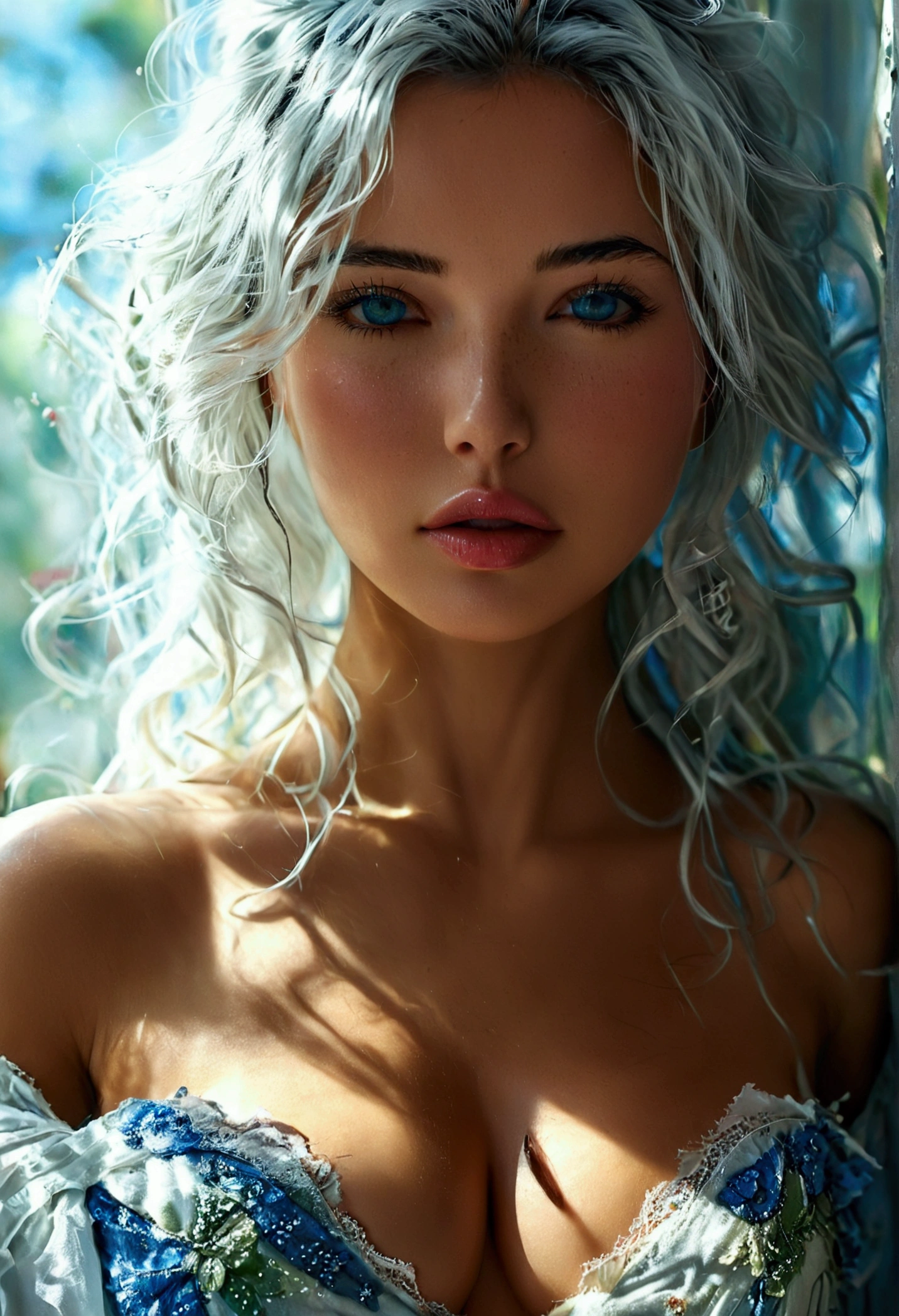 (Ultra-realistic), (full body view), 8k, Lucy Heartfilia, generous bust, Stunning deep cleavage. She has a 30DDD cup size. very huge tits, extraordinarily beautiful and enhanced portrait of Adriana Lima face. The image should capture her iconic beauty with vivid detail, emphasizing her mesmerizing clear eyes - either in shades of blue, green, or gray. Her features should be accentuated to exhibit an ethereal and almost surreal level of attractiveness. The portrait should focus on her stunning facial structure, captivating gaze, and the unique allure that she is renowned for. Ensure that the image radiates a sense of elegance, sophistication, and a subtly sexy aura, showcasing Adriana Lima in a way that is both awe-inspiring and artistically magnificent. very firm and big tits. generous bust, Stunning deep cleavage. She has a 30DDD cup size. modern white hair