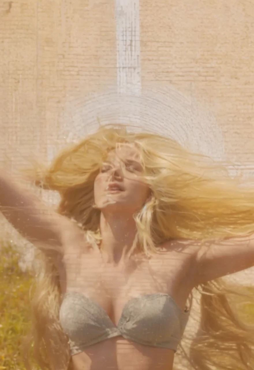 Blonde woman, long hair flowing big in the wind, looking straight up at the sky, strong backlighting, realistic, looking up in fear