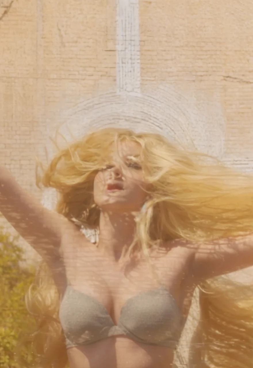 Blonde woman, long hair flowing big in the wind, looking straight up at the sky, strong backlighting, realistic, looking up in fear
