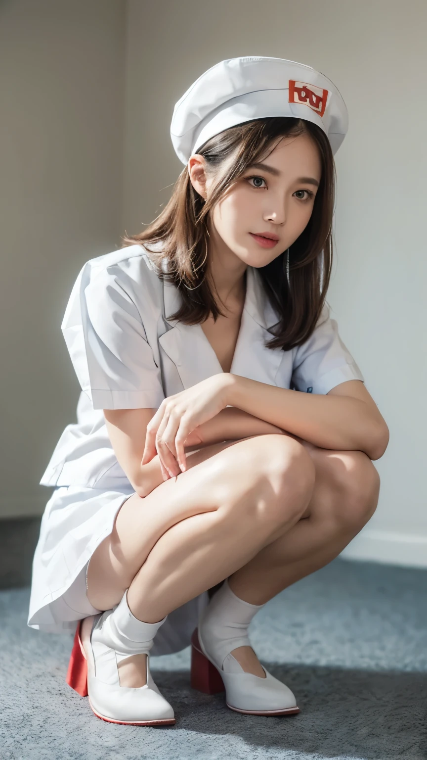 Innocent 25 year old girl,Colossal :1.2,cleavage of the breast:1.2、(pantyshot:1.3) (White nurse uniform:1.5),( White short skirt:1.5),(White nurse cap:1.5),(White Nurse Pump:1.5), (Squatting:1.3)、Angle:1.2、(Hands down:1.5)、The background is a hospital room、Smile,short-cut、Raw photo, (8K、top-quality、masterpiece:1.2)、(intricate detailes:1.4)、(Photorealsitic:1.4)、octane renderings、Complex 3D rendering ultra detail, Studio Soft Light, Rim Lights, vibrant detail, super detailing, realistic skin textures, Detail Face, Beautiful detail eyes, Very detailed CG Unity 16k wallpaper, make - up, (detailedbackground:1.2), shinny skin, Full body,Squat down and bend your knees