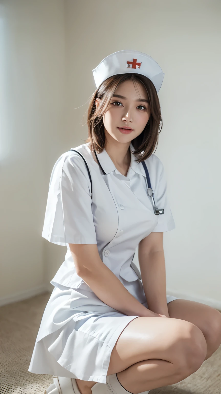 Innocent 25 year old girl,Colossal :1.2,cleavage of the breast:1.2、(pantyshot:1.3) (White nurse uniform:1.5),( White short skirt:1.5),(White nurse cap:1.5),(White Nurse Pump:1.5), (Squatting:1.3)、Angle:1.2、(Hands down:1.5)、The background is a hospital room、Smile,short-cut、Raw photo, (8K、top-quality、masterpiece:1.2)、(intricate detailes:1.4)、(Photorealsitic:1.4)、octane renderings、Complex 3D rendering ultra detail, Studio Soft Light, Rim Lights, vibrant detail, super detailing, realistic skin textures, Detail Face, Beautiful detail eyes, Very detailed CG Unity 16k wallpaper, make - up, (detailedbackground:1.2), shinny skin, Full body,Squat down and bend your knees