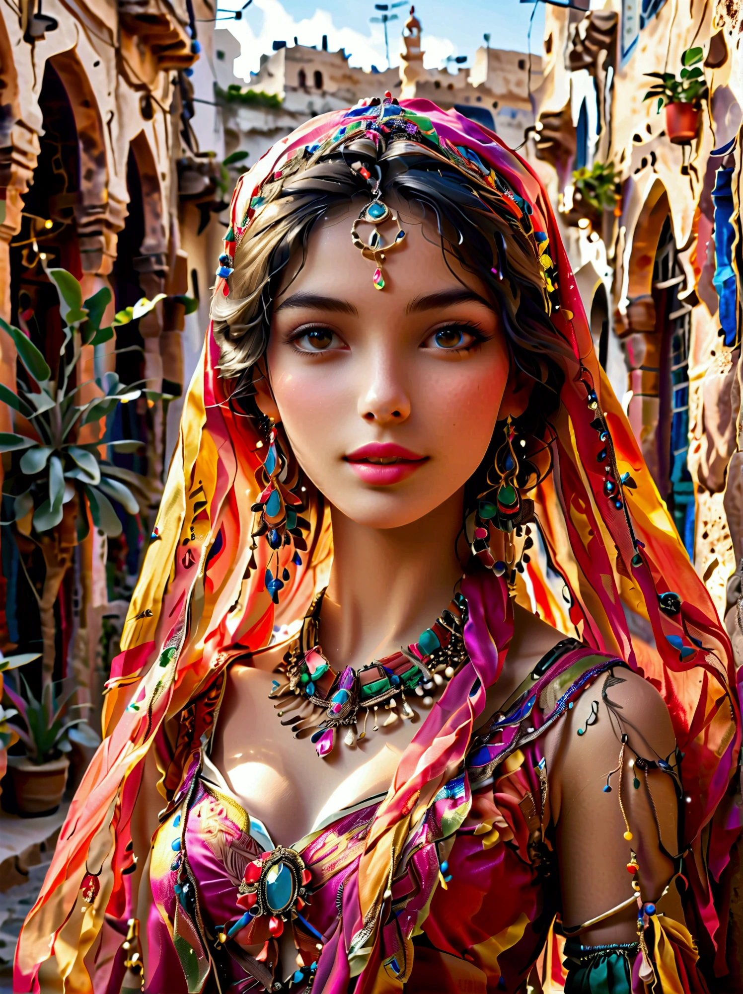 Desert Princess, dressed in vibrant traditional attire, steeped in an atmosphere brimming with magic and whimsy, similar to the setting of a classic animation movie poster. She poses eloquently within the enchanting casbah of Algiers, generally captured using a wide-angle lens, showcasing the grandeur of the location, exhibiting an effusive display of color and vibrancy. Special emphasis is placed on depicting the essence of North African culture and heritage, embodying the royal and feminine spirit that is innate within her