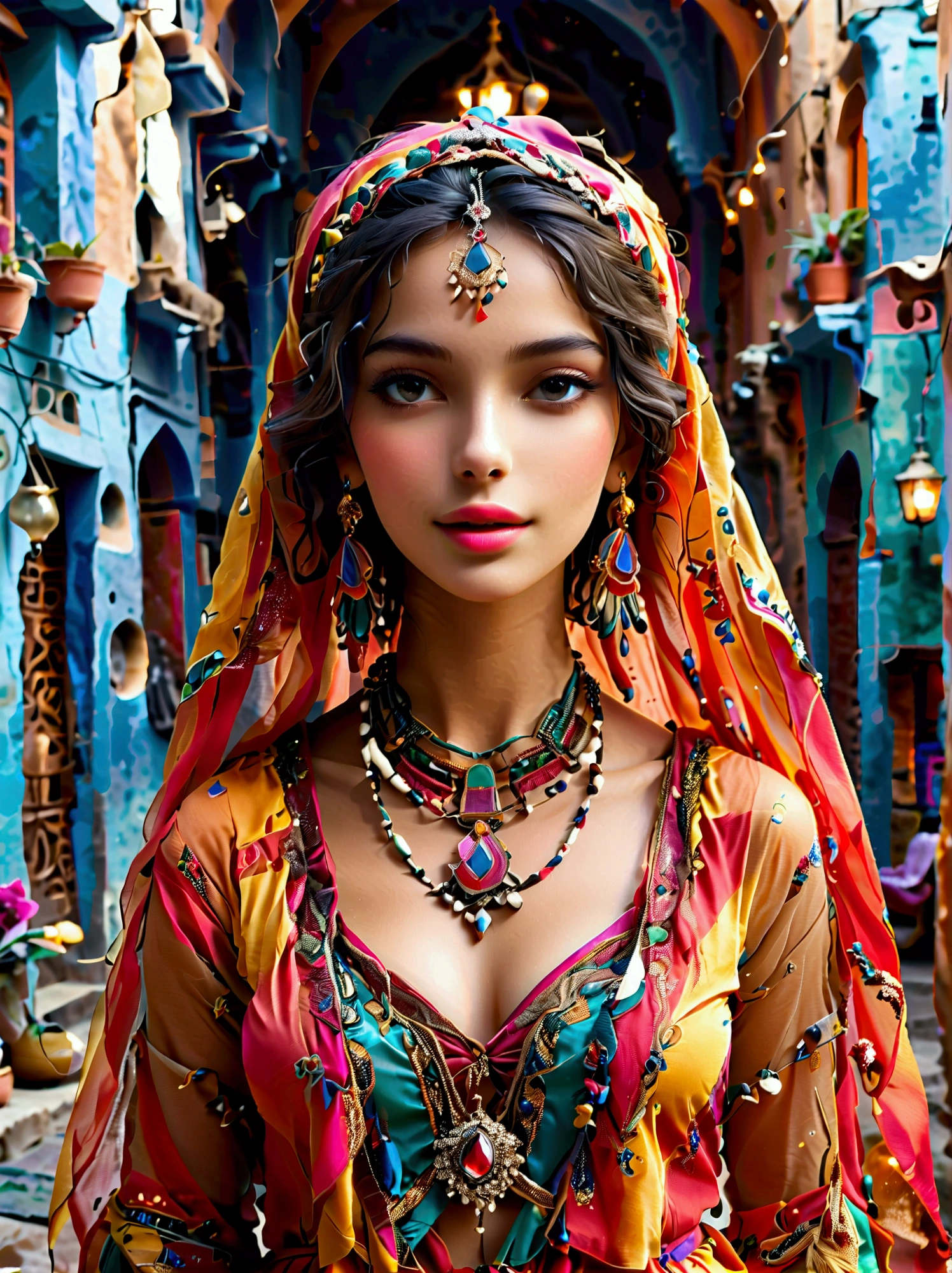 Desert Princess, dressed in vibrant traditional attire, steeped in an atmosphere brimming with magic and whimsy, similar to the setting of a classic animation movie poster. She poses eloquently within the enchanting casbah of Algiers, generally captured using a wide-angle lens, showcasing the grandeur of the location, exhibiting an effusive display of color and vibrancy. Special emphasis is placed on depicting the essence of North African culture and heritage, embodying the royal and feminine spirit that is innate within her
