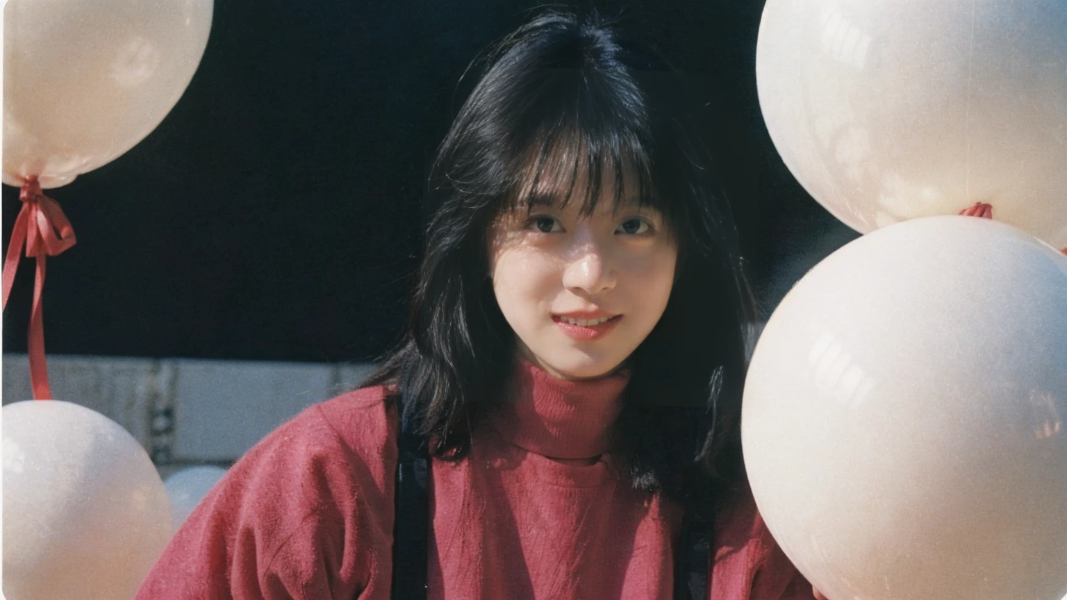 fashion portrait photo of beautiful young woman smiley from the 60s wearing a red turtleneck standing in the middle of a ton of white balloons, taken on a hasselblad medium format camera , akina nakamori , shadow and light
