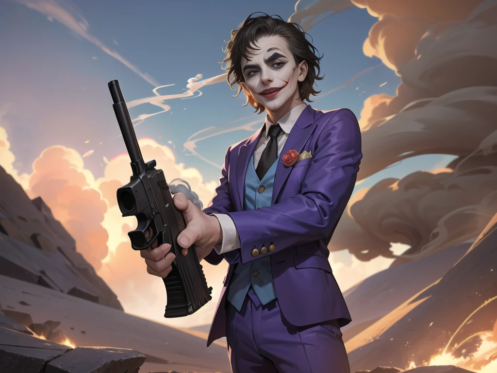 Masterpiece, best quality, The Joker wears a purple suit., , look at viewer, Aim the gun., ถือpistol, look at viewer, stand, , ((pistol)),((Aim the gun.ไปที่ผู้ชม)),gun possession, desert, Laugh and laugh ,explosion from gun , (lots of smoke:1.6)