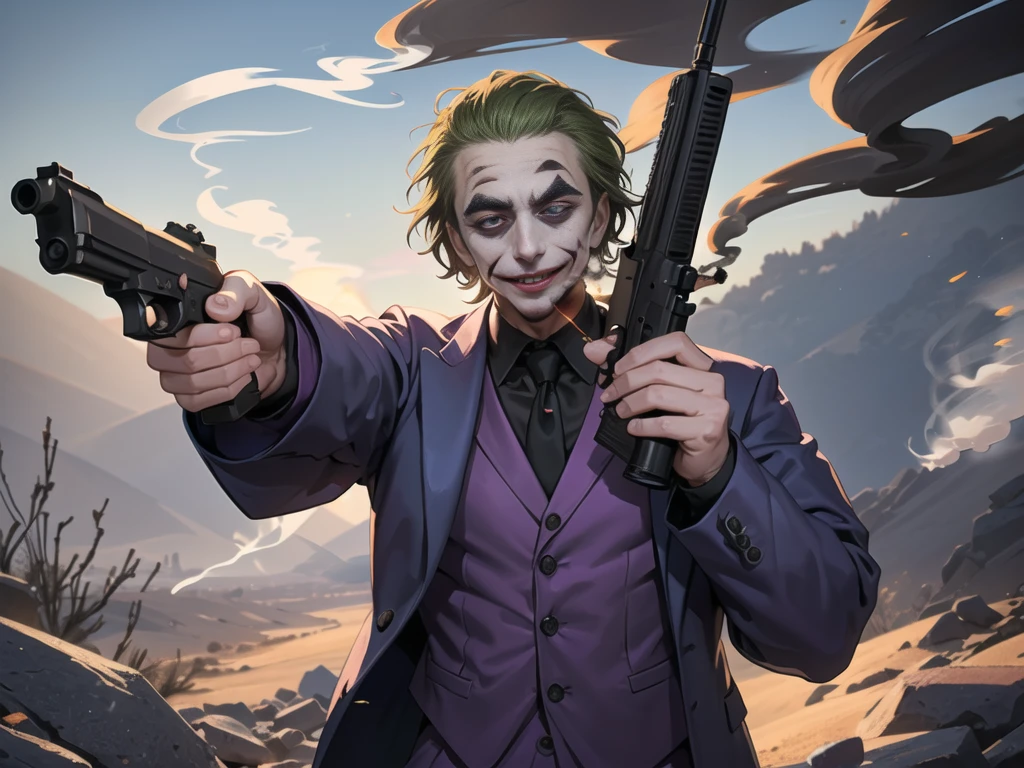 Masterpiece, best quality, The Joker wears a purple suit., , look at viewer, Aim the gun., ถือpistol, look at viewer, stand, , ((pistol)),((Aim the gun.ไปที่ผู้ชม)),gun possession, desert, Laugh and laugh ,explosion from gun , (lots of smoke:1.6)