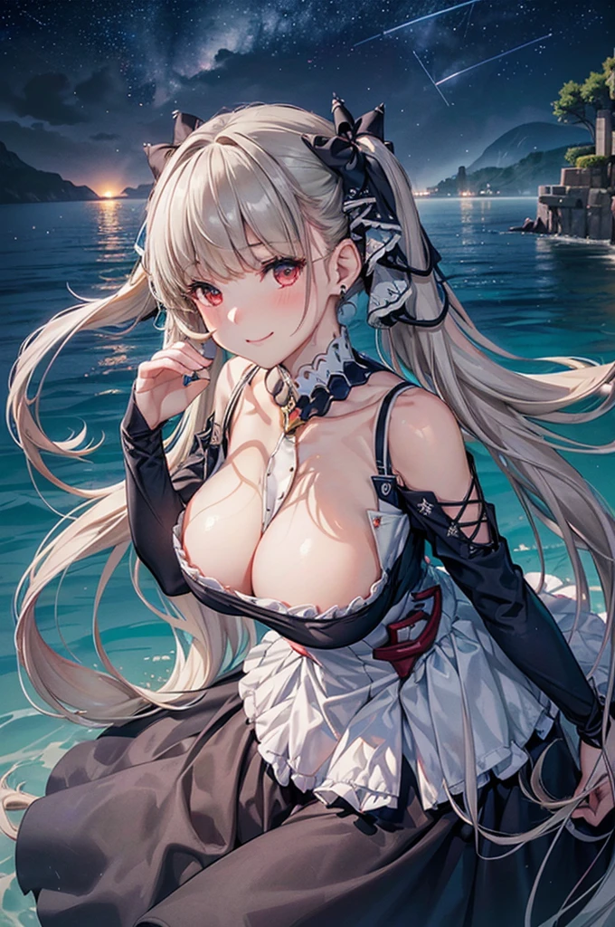 ((dress_default, terrific_default, ornament_waist)):1.5,((独奏, 1girl)) ((masterpiece,Highest quality,Highly detailed images,Beautiful images、Realistic、Dutch Angle)),(Top-down angle image)、 (Bright lighting overall、Backlight、A fantastic atmosphere、Thick Fog、Dust flutters),(Sexy pose、Beautiful cleavage、huge breasts, Place your hands behind your back:1.5、Leaning forward、Charming smile), ((Beautiful starry sky、shooting star、Ocean))、Black sleeves、Emphasize the chest、Looking up、Hands behind the body、Leaning forwardに