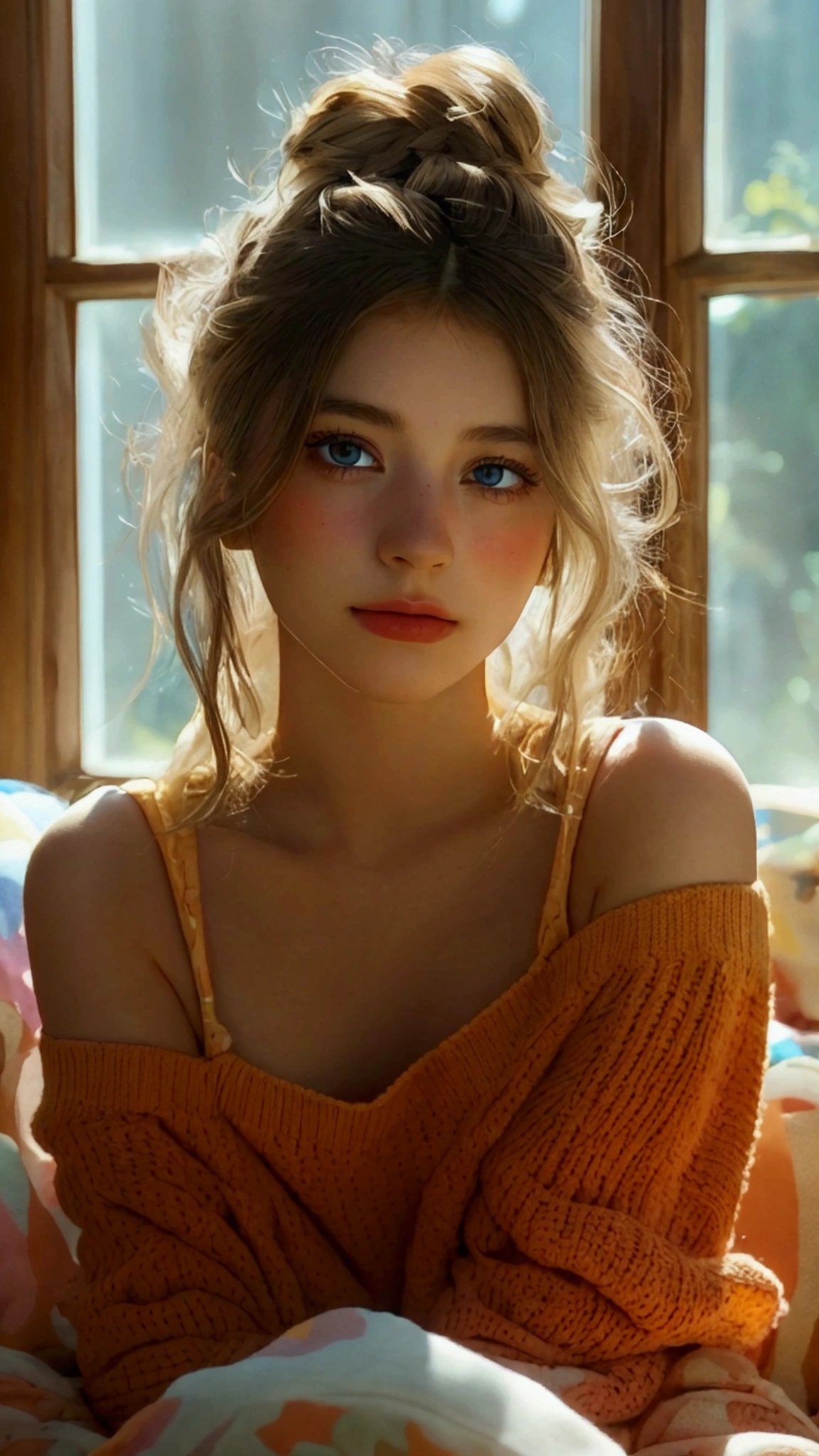 a beautiful e-girl, detailed face with beautiful eyes, lips, long eyelashes, messy hair, wearing colorful casual outfit, enjoying weekend in a cozy room, sunlight shining through the window, (best quality,4k,8k,highres,masterpiece:1.2),ultra-detailed,(realistic,photorealistic,photo-realistic:1.37),intricate details, soft lighting, warm color palette, beautiful composition