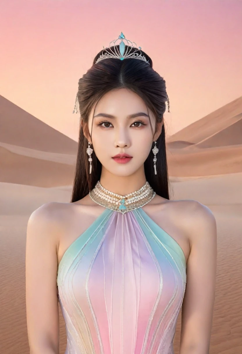 high quality，excellent work，A beautiful princess，Elegant and noble，Complex lines，Gorgeous details，Soft color scheme，Subtle Gradient，Combining art and mathematics，Ultra Detail，Trends in the art station，Sharp focus，Studio Photography，Intricate details，Highly detailed，Center，Perfect symmetry，Bright colors，Desert Background