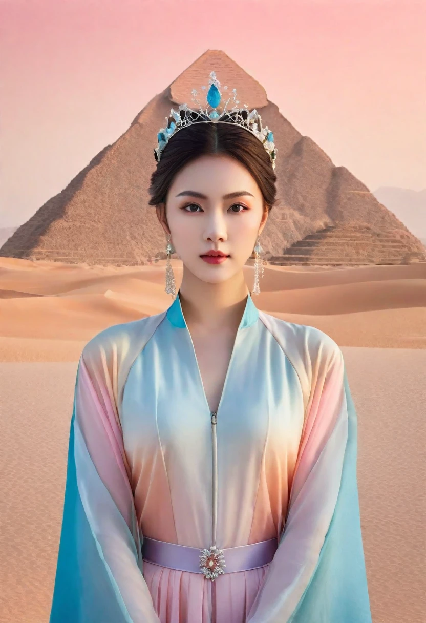 high quality,excellent work,A beautiful princess,Elegant and noble,Complex lines,Gorgeous details,Soft color scheme,Subtle Gradient,Combining art and mathematics,Ultra Detail,Trends in the art station,Sharp focus,Studio Photography,Intricate details,Highly detailed,Center,Perfect symmetry,Bright colors,Desert Background