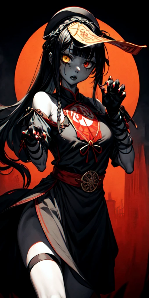 lora:flat:-1.2, masterpiece, best quality, 4k, 8k, 1 woman, solo, tall stature, long hair, blunt bangs, side braid, black hair, ugly face, bad face, bad eyes, droopy eyes, unclear eyes, ruby red eyes, lemon yellow eyes, pale skin, black eyeliner, black eye shadow, heterochromia, slender frame, sad, ofuda, jiangshi costume:1.2, fang, horror, coffin, forest, dark night, stormy weather, fog, from front, cowboy shot, look at viewer, paw pose,