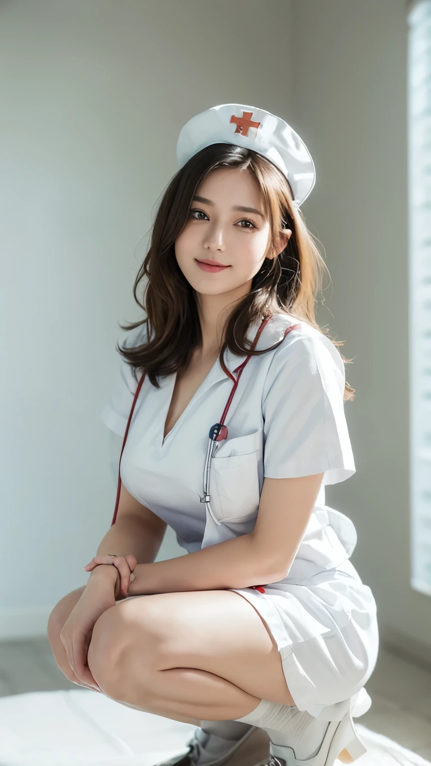 Innocent 25 year old girl,Colossal :1.2,cleavage of the breast:1.2、(pantyshot:1.3) (White nurse uniform:1.5),( White short skirt:1.5),(White nurse cap:1.5),(White Nurse Pump:1.5), (Squatting:1.3)、Angle:1.2、(Hands down:1.5)、The background is a hospital room、Smile,short-cut、Raw photo, (8K、top-quality、masterpiece:1.2)、(intricate detailes:1.4)、(Photorealsitic:1.4)、octane renderings、Complex 3D rendering ultra detail, Studio Soft Light, Rim Lights, vibrant detail, super detailing, realistic skin textures, Detail Face, Beautiful detail eyes, Very detailed CG Unity 16k wallpaper, make - up, (detailedbackground:1.2), shinny skin, Full body