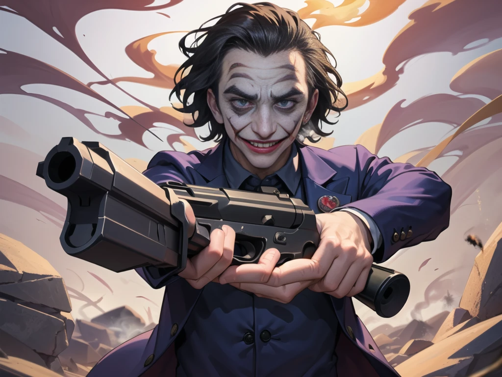 Masterpiece, best quality, The Joker wears a purple suit., , look at viewer, Aim the gun., ถือpistol, look at viewer, stand, , ((pistol)),((Aim the gun.ไปที่ผู้ชม)),gun possession, desert, Laugh and laugh ,explosion from gun , (lots of smoke:1.6)