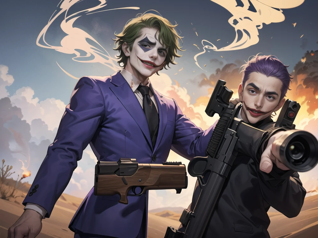 Masterpiece, best quality, The Joker wears a purple suit., , look at viewer, Aim the gun., ถือpistol, look at viewer, stand, , ((pistol)),((Aim the gun.ไปที่ผู้ชม)),gun possession, desert, Laugh and laugh ,explosion from gun , (lots of smoke:1.6)