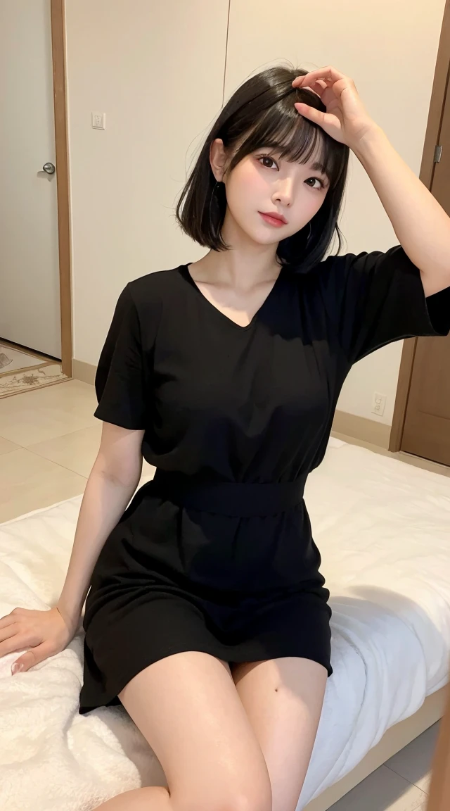 (Highest quality、、32k、masterpiece、Best Quality、Realistic))、Black Hair、Medium Hair、Short bangs、(Small breasts、Wearing a short-sleeved dress:1.3)、Small breasts、Selfie、Sitting、M-shaped legs、Idol、room、Wearing loose cloth shorts