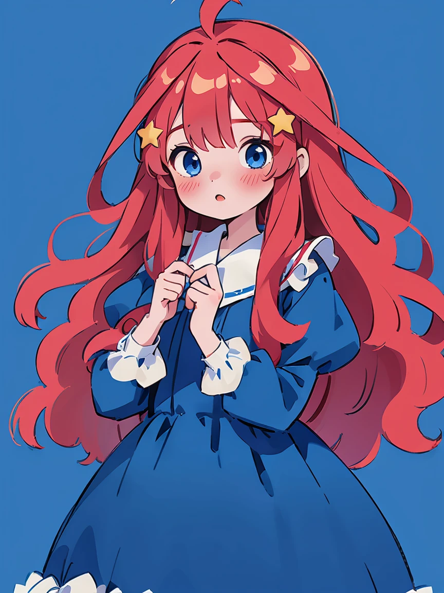 ((masterpiece, best quality:1.2), 1 girl, alone，red wavy hair，Light fluffy long hair，bow headband，star hairclips, blue eyes, itsuki nakano,  indigo dress, organza flowing dress, simple minimal sundress, cute simple dress, deep blue dress, puffy sleeves, juliet sleeves, clean background