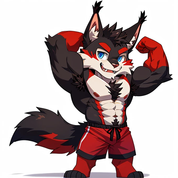 ((Furry lynx cat)), ((chibi)), body fully covered in black fur, ((fully covered in black fur)), ((black fur)), sharp fangs, sharp teeth, summer shorts outfit, cute, blue eyes, red chest hair, red eyebrows, red armpit hair, black nose, black tail, black tail with red tip, red whiskers, happy, smile, correct Anatomy, correct hand, ((white background)), (Acting happy), (hands up), enjoy, ((front view)), full body, sexy, (flexing), (muscle), black tail, black tail red tail tip, red eyebrows, red chest hair, red armpit hair