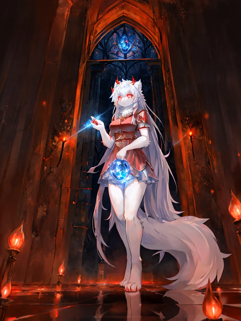 furry,sclera，red iris，White Wolf Princess，female,cute,Summon a blue fireball with one hand，Lights and reflections, , Architecture of medieval Europe, Glazed tiles,Hell version of the background