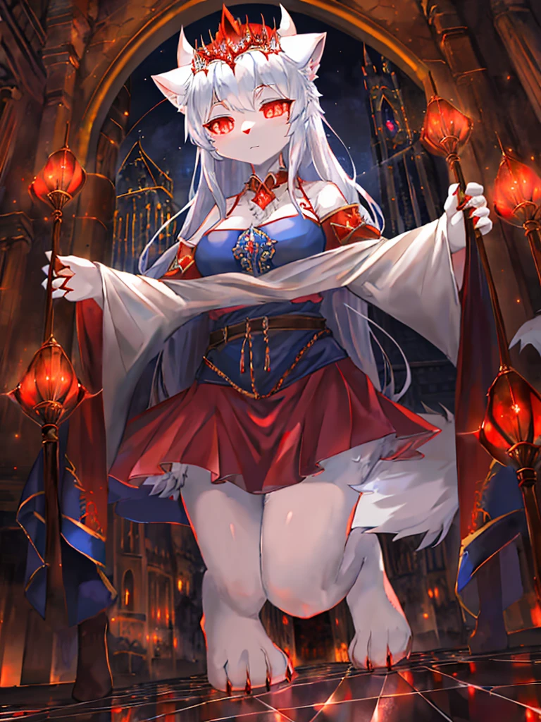 furry,sclera，red iris，White Wolf Princess，female,cute,Summon a blue fireball with one hand，Lights and reflections, , Architecture of medieval Europe, Glazed tiles,Hell version of the background