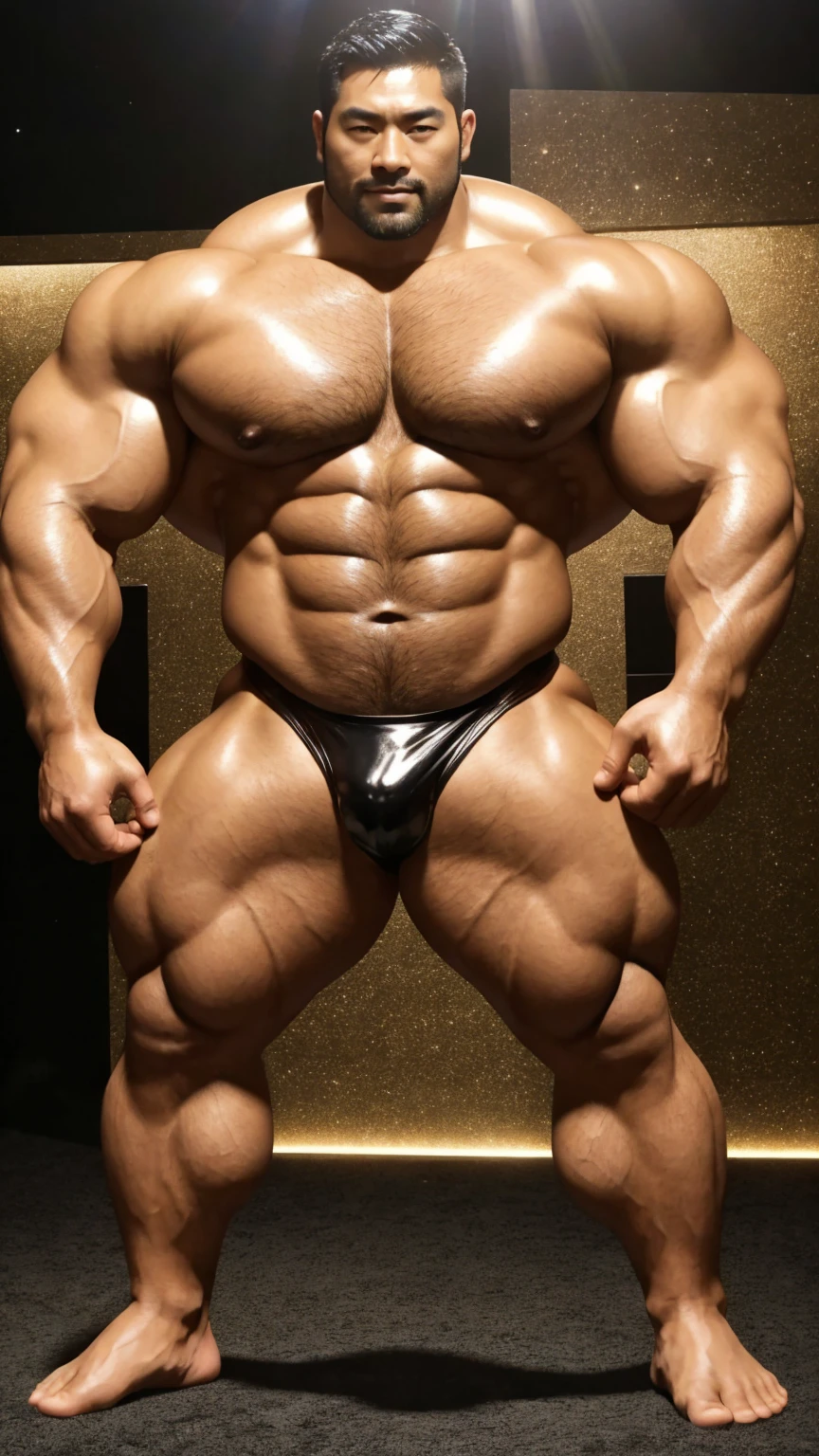 There is only one handsome Asian actor in the photo,35 years old,High target, Fitness,Smooth body,Smooth skin,No chest hair,short hair, O-Shaped Beard,Perfect body, Dark skin color,Radiant Skin,Smooth skin,Shiny, shiny skin,Smooth pectoral muscles,Muscle bulge, muscular, Very large pectoral muscles,Very sexy abdominal muscles,Very well-developed leg muscles,Huge concave and convex area,Brightens oily skin,Wearing a shiny gold leather thong,Handsome face,Normal human toes,Correct and accurate male body proportions,Superhero style,Light particle effects, dusk, Dynamic poses,Surrounded by energy,Multiple light points,Gradient sky, Gorgeous fantasy magic。