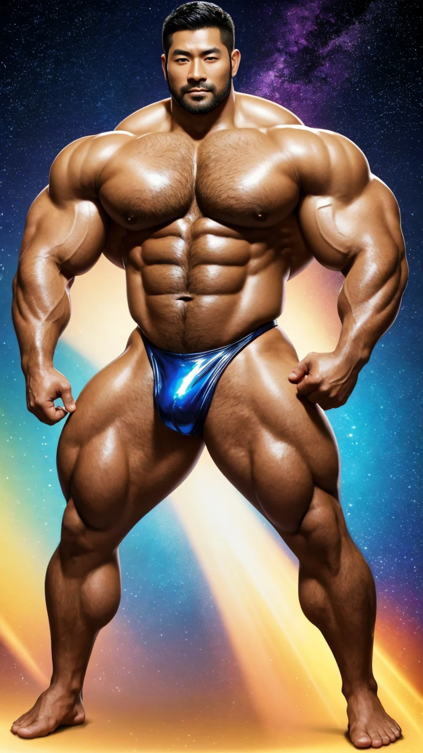 There is only one handsome Asian actor in the photo,35 years old,High target, Fitness,Smooth body,Smooth skin,No chest hair,short hair, O-Shaped Beard,Perfect body, Dark skin color,Radiant Skin,Smooth skin,Shiny, shiny skin,Smooth pectoral muscles,Muscle bulge, muscular, Very large pectoral muscles,Very sexy abdominal muscles,Very well-developed leg muscles,Huge concave and convex area,Brightens oily skin,Wearing a shiny gold leather thong,Handsome face,Normal human toes,Correct and accurate male body proportions,Superhero style,Light particle effects, dusk, Dynamic poses,Surrounded by energy,Multiple light points,Gradient sky, Gorgeous fantasy magic。