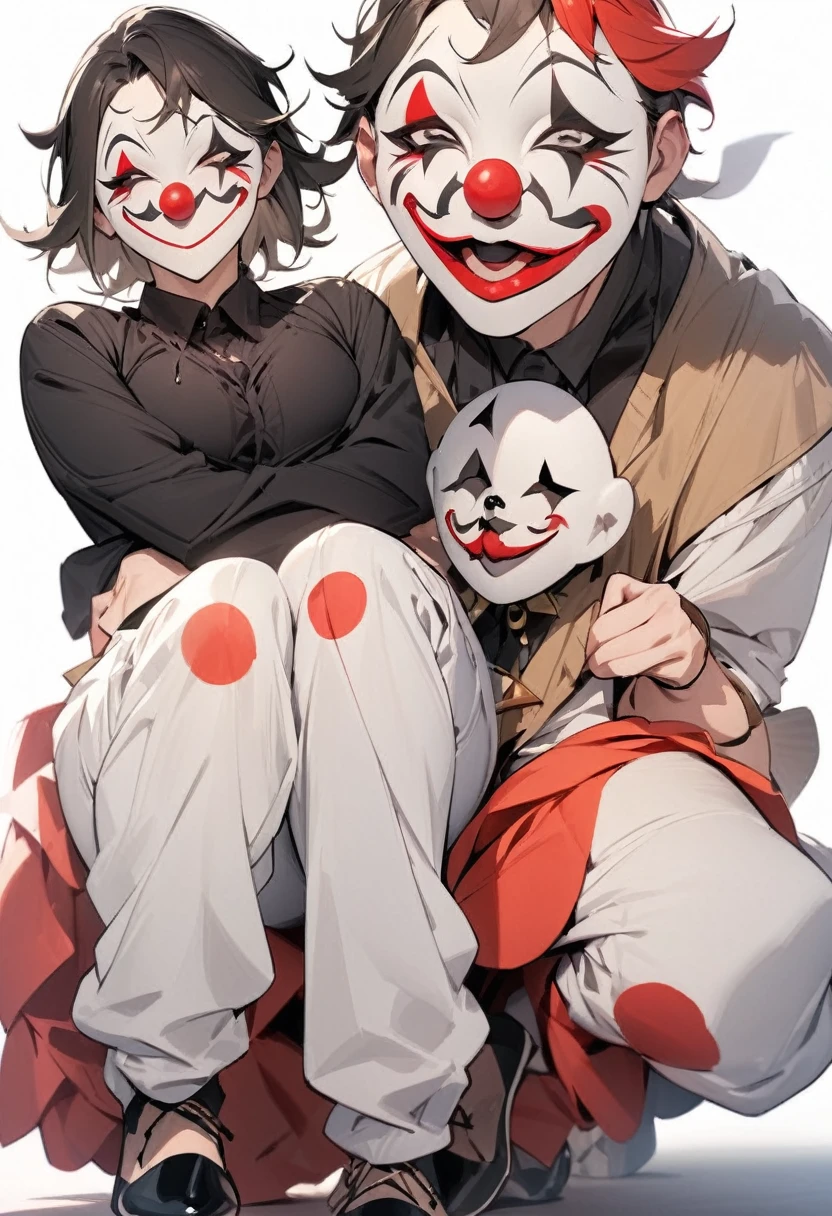 ({masterpiece}},{best quality,},white background,full body,fantastic,clown mask,Lively,Handsome,Lean,({masterpiece}},{best quality}