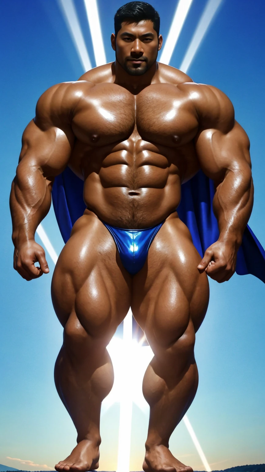 There is only one handsome Asian actor in the photo,35 years old,High target, Fitness,Smooth body,Smooth skin,No chest hair,short hair, O-Shaped Beard,Perfect body, Dark skin color,Radiant Skin,Smooth skin,Shiny, shiny skin,Smooth pectoral muscles,Muscle bulge, muscular, Very large pectoral muscles,Very sexy abdominal muscles,Very well-developed leg muscles,Huge concave and convex area,Brightens oily skin,Wearing a shiny gold leather thong,Handsome face,Normal human toes,Correct and accurate male body proportions,Superhero style,Light particle effects, dusk, Dynamic poses,Surrounded by energy,Multiple light points,Gradient sky, Gorgeous fantasy magic。