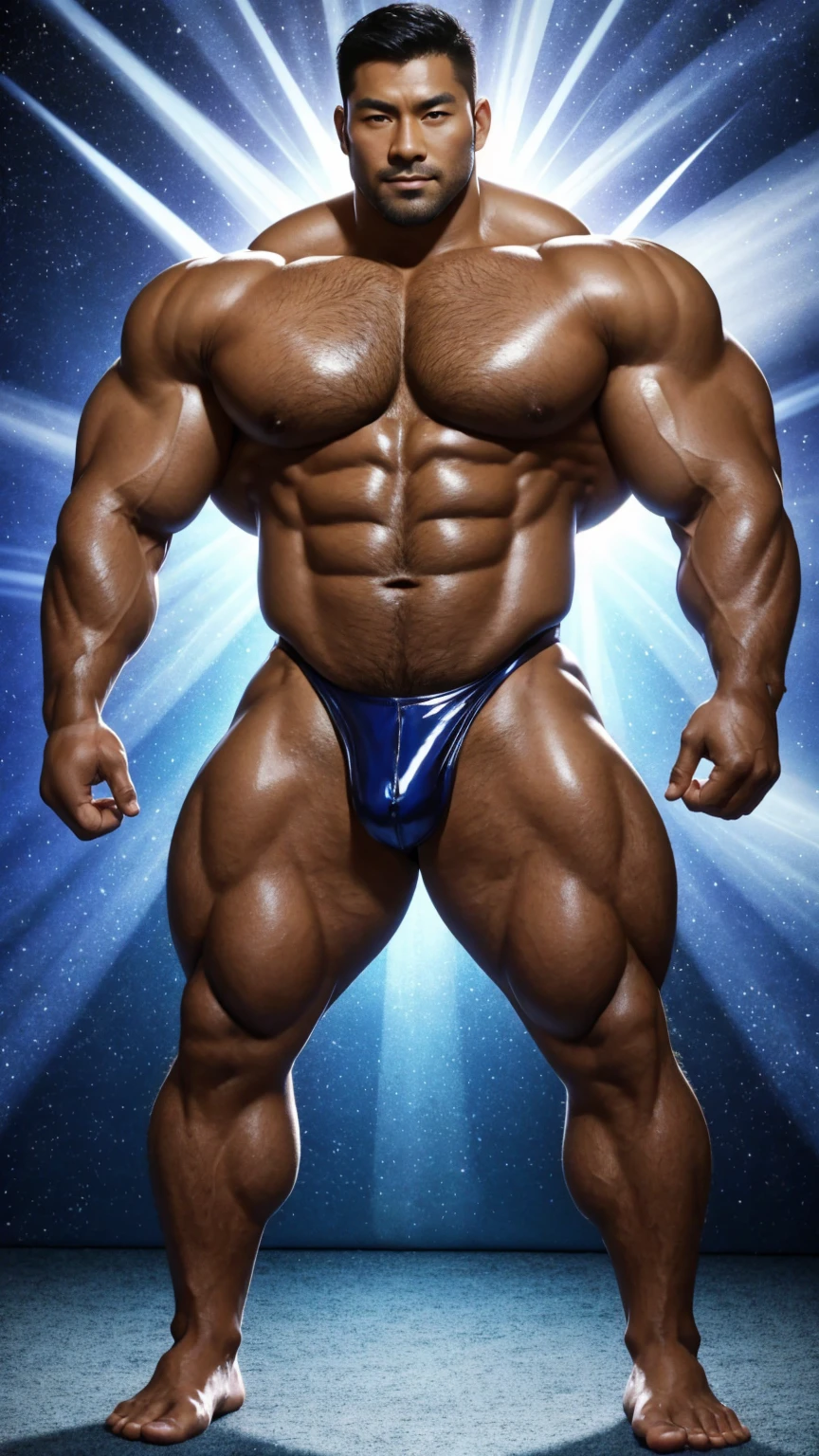 There is only one handsome Asian actor in the photo,35 years old,High target, Fitness,Smooth body,Smooth skin,No chest hair,short hair, O-Shaped Beard,Perfect body, Dark skin color,Radiant Skin,Smooth skin,Shiny, shiny skin,Smooth pectoral muscles,Muscle bulge, muscular, Very large pectoral muscles,Very sexy abdominal muscles,Very well-developed leg muscles,Huge concave and convex area,Brightens oily skin,Wearing a shiny gold leather thong,Handsome face,Normal human toes,Correct and accurate male body proportions,Superhero style,Light particle effects, dusk, Dynamic poses,Surrounded by energy,Multiple light points,Gradient sky, Gorgeous fantasy magic。