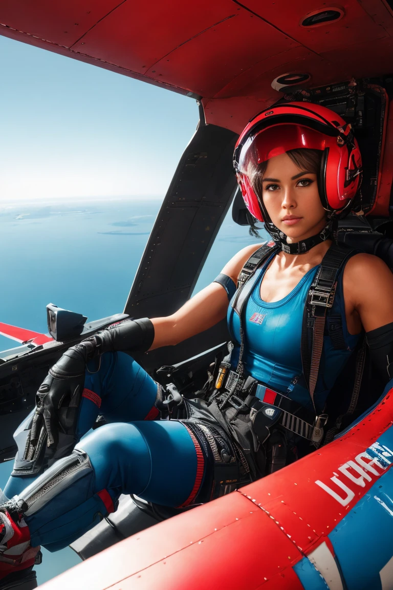 (Extremely detailed 8K wallpaper), superchica sitting tied in a Futuristic cockpit of fighter plane, red and blue Futuristic cockpit of fighter plane, sitting in the black leather pilot's seat, sitting on the leather seat in the cabin, Futuristic cockpit of fighter plane:1.3, superchica:1.2, tied with carbon fiber rope:1.2, safe, Lots of switches and lights, wide, GOOD:1.2, top rosa sexy, pink crop top:1.2, calm, modern futuristic pink clothing, Complex, Very detailed, and dramatic, cinematic lighting, bright scene, soft lights, big breasts:1.4, NSFW:1.4, fit girl, thin girl, tight pink leather superchica clothes, neckline, spiderman logo:1.4