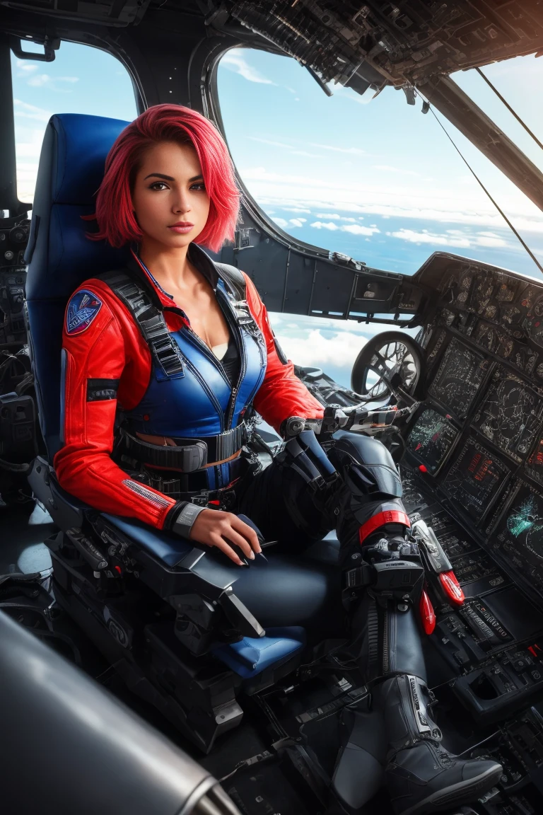(Extremely detailed 8K wallpaper), superchica sitting tied in a Futuristic cockpit of fighter plane, red and blue Futuristic cockpit of fighter plane, sitting in the black leather pilot's seat, sitting on the leather seat in the cabin, Futuristic cockpit of fighter plane:1.3, superchica:1.2, tied with carbon fiber rope:1.2, safe, Lots of switches and lights, wide, GOOD:1.2, top rosa sexy, pink crop top:1.2, calm, modern futuristic pink clothing, Complex, Very detailed, and dramatic, cinematic lighting, bright scene, soft lights, big breasts:1.4, NSFW:1.4, fit girl, thin girl, tight pink leather superchica clothes, neckline, spiderman logo:1.4