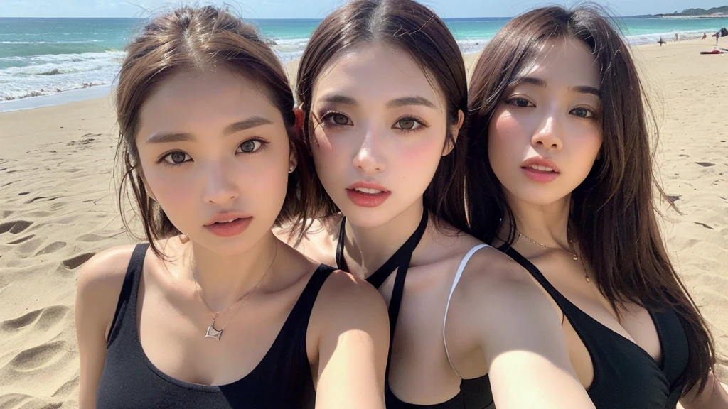 ((Photorealistic lighting, highest quality, 8k, masterpiece:1.3)), clear focus:1.2, viewer discretion advised (New South Wales) (New South Wales) (New South Wales):1.2, ((realistic)), ((natural light, highest quality)), model-like figure:1.4, (dark brown hair, chest out:1.2), short hair, setting, solo woman, (25 years old:1.3), highly detailed face, detailed eyes, double eyelids, necklace, wristband, eyeliner, colorful bikini, legs apart, sexy pose, (large), (black dress), (seaside, beach, sandy shore, drinking alcohol)