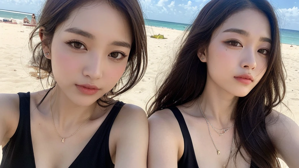 ((Photorealistic lighting, highest quality, 8k, masterpiece:1.3)), clear focus:1.2, viewer discretion advised (New South Wales) (New South Wales) (New South Wales):1.2, ((realistic)), ((natural light, highest quality)), model-like figure:1.4, (dark brown hair, chest out:1.2), short hair, setting, solo woman, (25 years old:1.3), highly detailed face, detailed eyes, double eyelids, necklace, wristband, eyeliner, colorful bikini, legs apart, sexy pose, (large), (black dress), (seaside, beach, sandy shore, drinking alcohol)