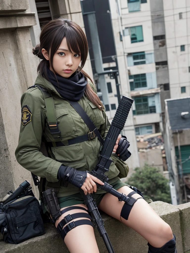 Realistic, As Yuuki, Super detailed,First Job, Better Quality, High resolution, One girl, Chinon 1, scarf, Fingerless gloves, Long sleeve, Short black shorts, hair ornaments, Hair Clip, Green thighs, Green jacket, Thigh straps, number de cowboy, Holding a gun, sniper rifle, Remains, Sitting, (Sword Art Online), range, Using a sniper, holding the sniper rifle, olhando no range, looking into the sniper rifle scope, number, High resolution, Urban, roof, Collapsed building, war, Catastrophe, disaster, Graves, cold, Bright Eyes, Superpoder, concentrated, concentrated, Cabello Kurt Azul, blue eyes, Ultra-realistic hands, With black gloves, Proportional Body