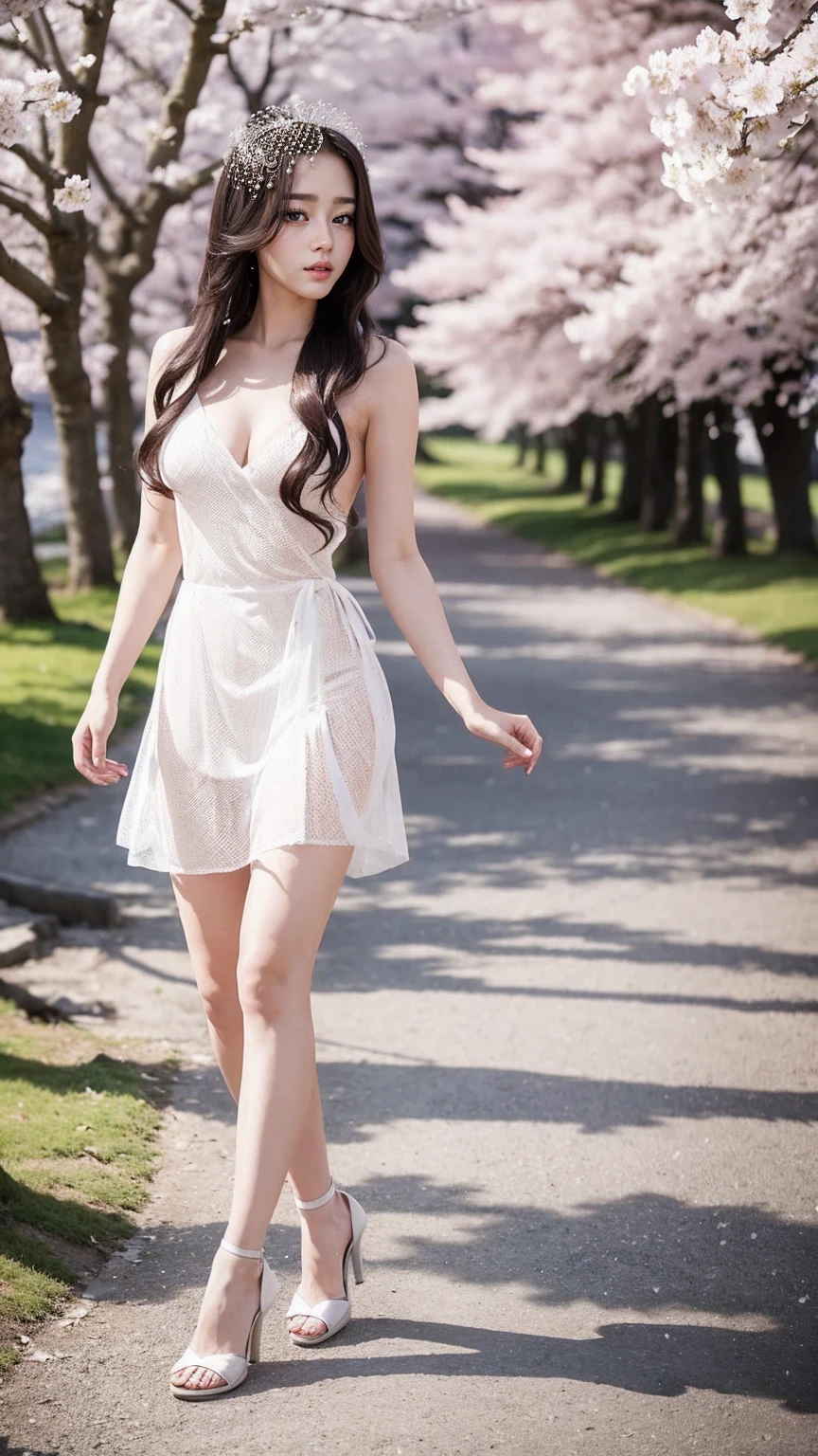 A beautiful young woman, 28 years old, with long hair decorated with diamonds in her hair. completely naked Wearing white high heels, walking among the cherry blossom trees, looking graceful and beautiful.