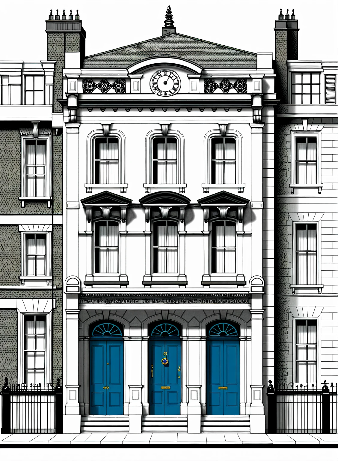 a drawing of a building with a clock on the top of it, street elevation, front elevation, an extremely detailed building, detailed no. 1 0 downing street, architectural illustration, artwork of a building, elevation view, flat linework, victorian buildings, detailed classical architecture, building facing, detailed buildings, architectural drawing, front elevation view, neo - classical style, detailed architecture