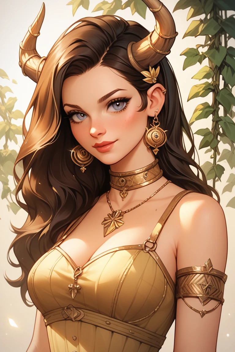 check_9, check_8_up, check_7_up, check_6_up, check_5_up, check_4_up, SorakaLoLXL, masterpiece, Best quality, A high resolution, bbandro, Yellow medieval summer girl, concept, the vines on the hand and the horns from the vine look at the viewer, the forest  
