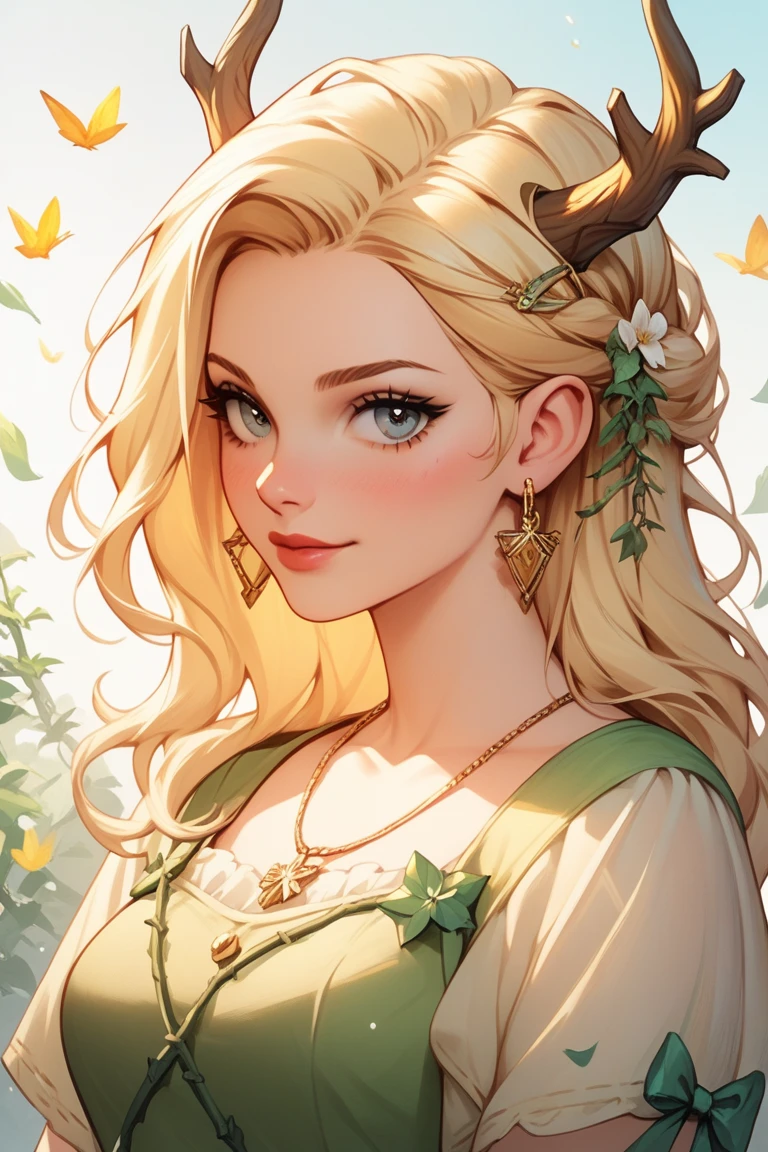 check_9, check_8_up, check_7_up, check_6_up, check_5_up, check_4_up, SorakaLoLXL, masterpiece, Best quality, A high resolution, bbandro, Yellow medieval summer girl, concept, the vines on the hand and the horns from the vine look at the viewer, the forest