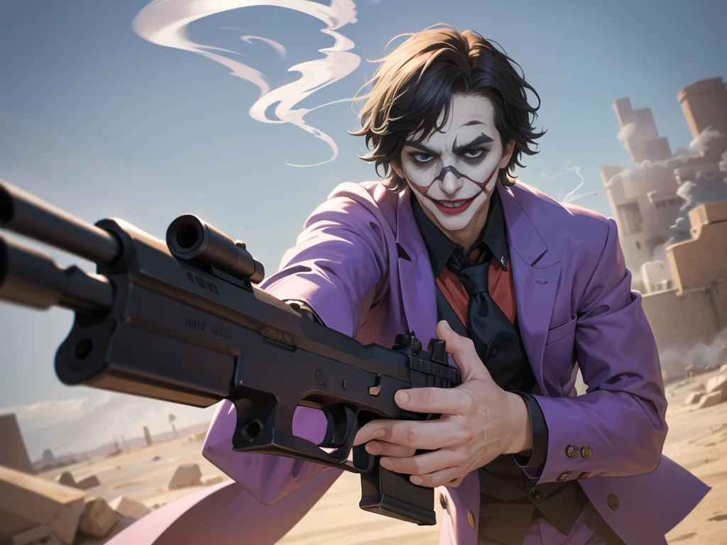 Masterpiece, best quality, The Joker wears a purple suit., , look at viewer, Aim the gun., ถือpistol, look at viewer, stand, , ((pistol)),((Aim the gun.ไปที่ผู้ชม)),gun possession, desert, Laugh and laugh ,(bullet coming out of gun:1.3pm , (lots of smoke:1.2)