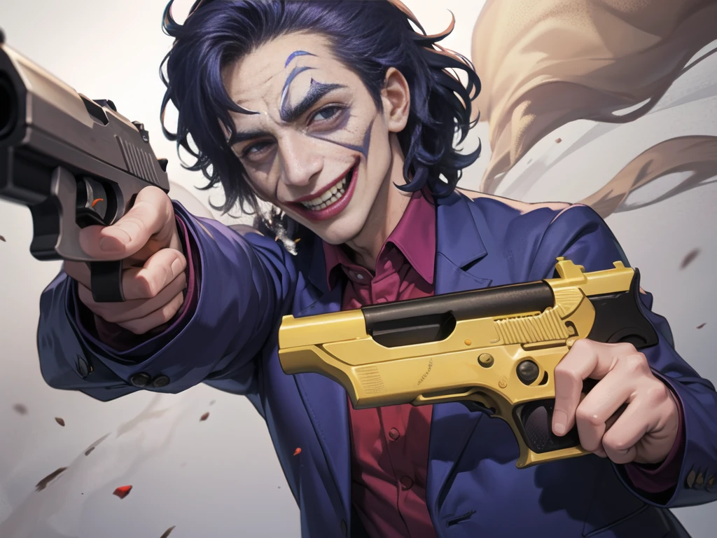 Masterpiece, best quality, The Joker wears a purple suit., , look at viewer, Aim the gun., ถือpistol, look at viewer, stand, , ((pistol)),((Aim the gun.ไปที่ผู้ชม)),gun possession, desert, Laugh and laugh ,(bullet coming out of gun:1.3pm , (lots of smoke:1.2)