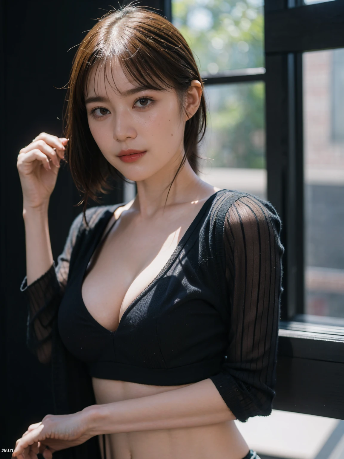 1girl, woman, masterpiece, best quality, highest quality, cinematic lighting, (volumetric lighting), extremely detailed CG unity 8k wallpaper, focused, 8k wallpaper, extremely detailed, ultra realistic, photorealistic, sharp focus, absurdres, (HDR:1.2), (high contrast), photograph, detailed and intricate, instagram, portrait, highly detailed, digital painting, artstation, concept art, smooth, sharp focus, illustration, cinematic lighting, (big breast:1.3), medium shoulder, bra, look at the viewer, facing forward