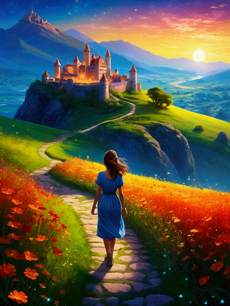 A serene landscape featuring a young woman is walking along a path The grassland, litle glowing flowers, fireflies, magical glow, overlooking mountainous valley and the great castle of the kingdom, stron clear blue sky, few stars. art style: highly saturated and vibrant color style, intense and rich colors vivid. rendered with strong exaggerated colors that enhance the natural beauty, The atmosphere is full of magical color films, High Detail, best quality, 4K.