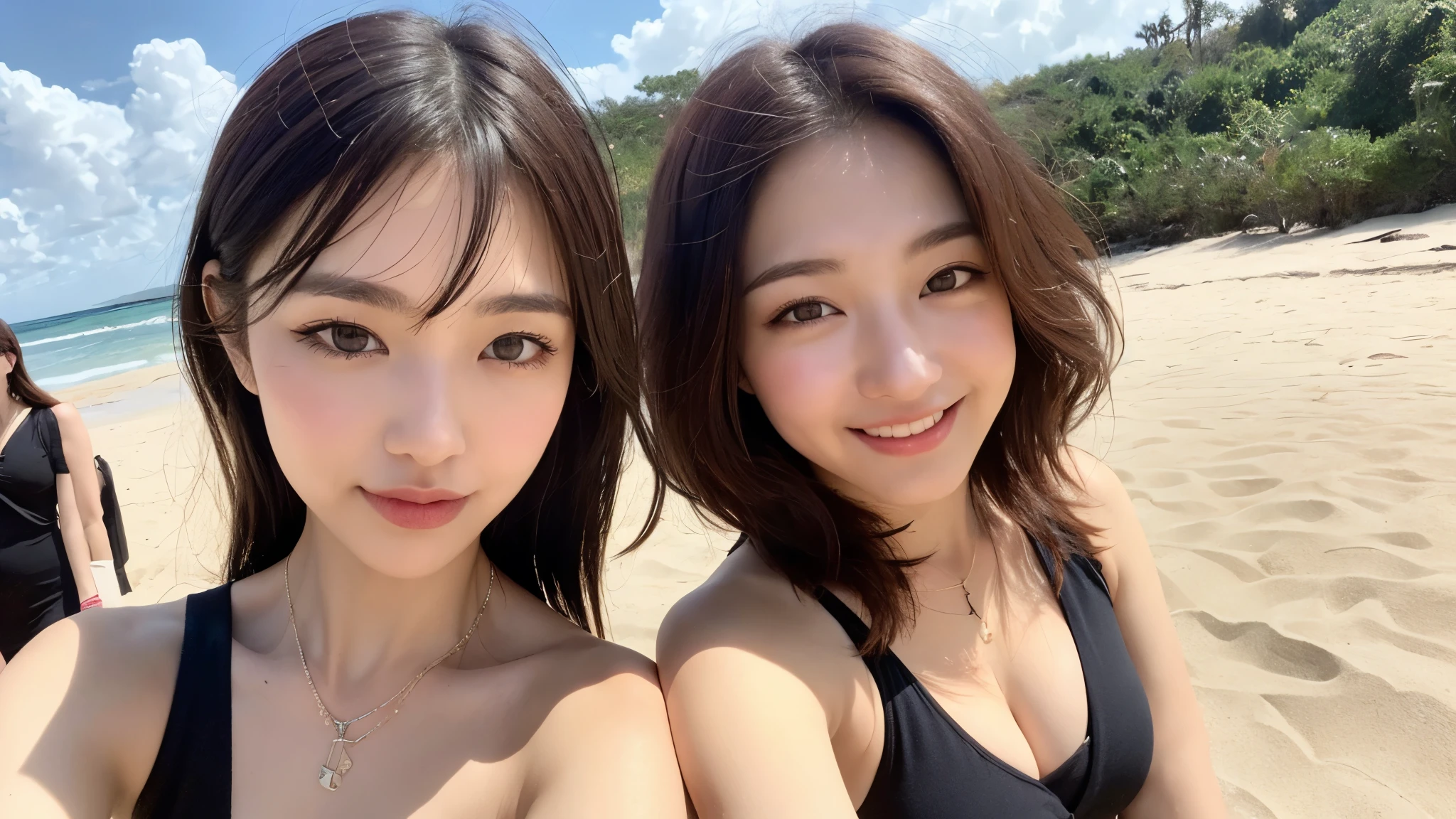 ((Photorealistic lighting, highest quality, 8k, masterpiece:1.3)), clear focus:1.2, viewer discretion advised (New South Wales) (New South Wales) (New South Wales):1.2, ((realistic)), ((natural light, highest quality)), model-like figure:1.4, (dark brown hair, chest out:1.2), short hair, setting, solo woman, (25 years old:1.3), highly detailed face, detailed eyes, double eyelids, necklace, wristband, eyeliner, colorful bikini, legs apart, sexy pose, (large), (black dress), (seaside, beach, sandy shore, drinking alcohol)