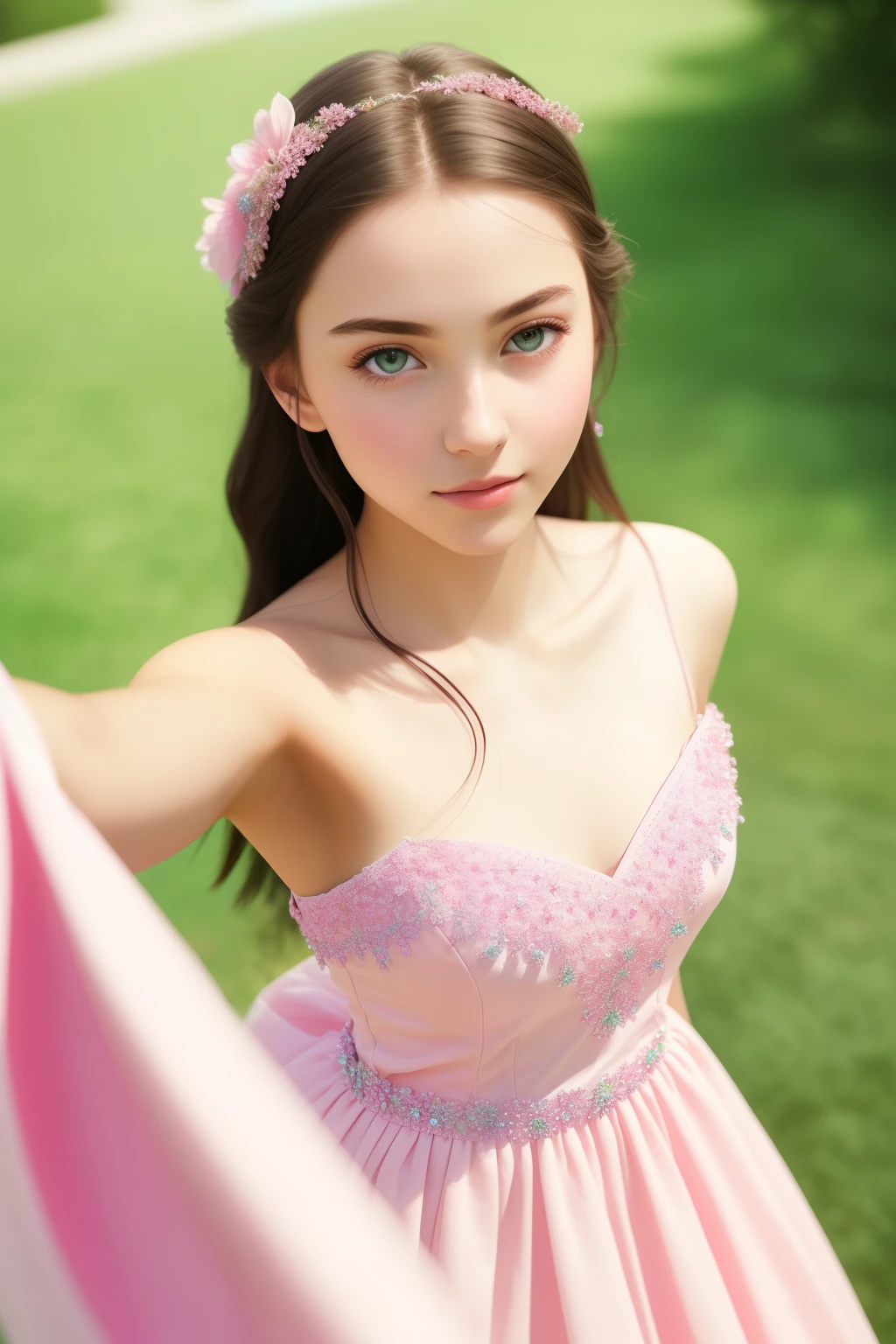 A stunningly beautiful and cute girl, adorned in a pastel pink dress, with sparkling emerald eyes that shine like gemstones, showcasing exquisite facial features, captures the essence of a masterpiece in this high-resolution image. With a selfie angle, every detail from her radiant skin texture to the delicate pink fabric of her dress is captured at its best quality, creating an original photo that is nothing short of awe-inspiring. The realistic skin texture is enhanced by a subtle film grain, adding a nostalgic charm to the image.