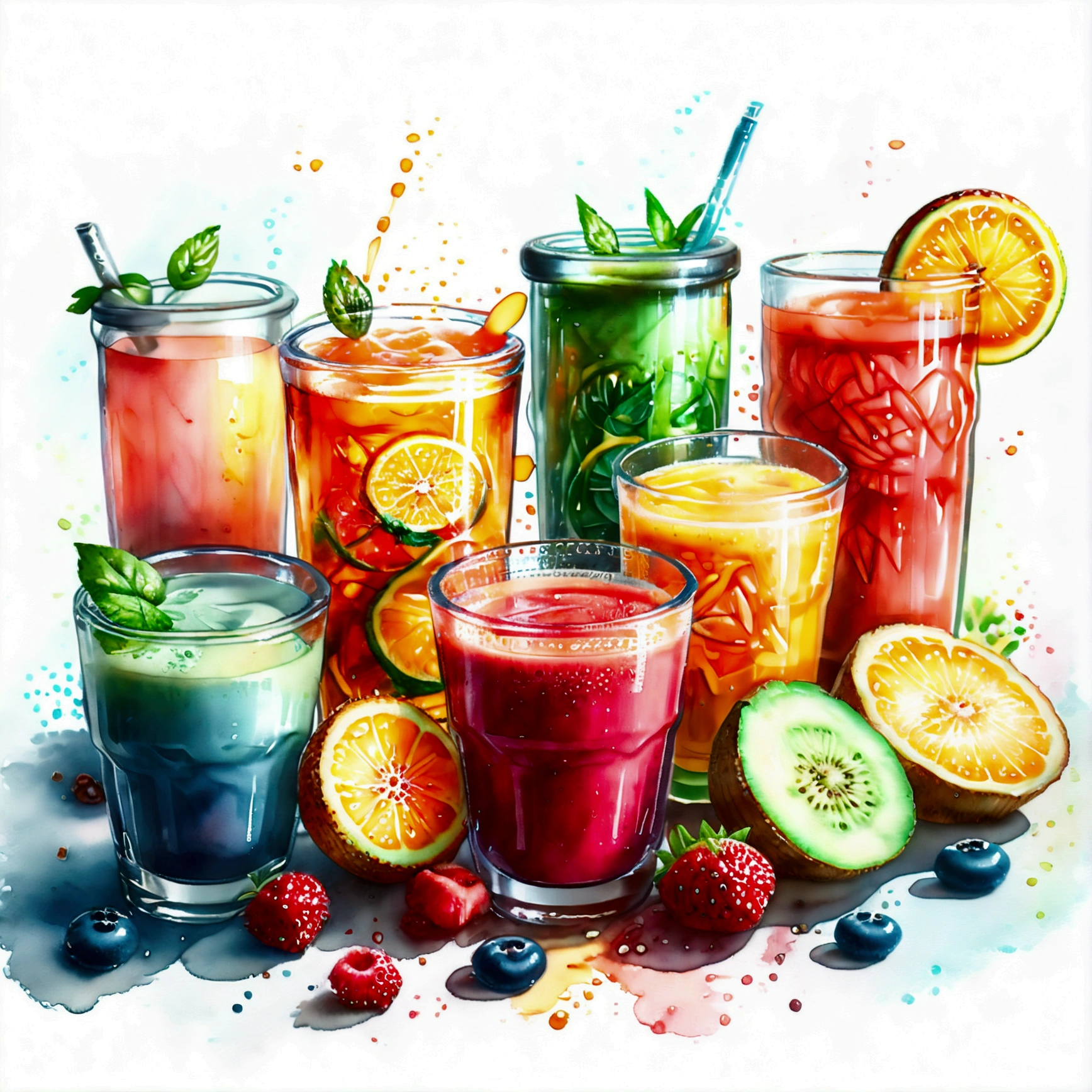there are many types of colorful healthy drinks served in glasses, the glasses sitting on a surface, juices, smoothie and infused water , illustration, isolated with solid white background, surrounded with negative space, centered composition, highest detailed painting, very precise line, Isolated, clear solid white background, perspective angle of view, ((watercolor:1.5)), (lora:add-detail-xl:1), (masterpiece), (best quality), no bread on the floor, washed out color, (ghibli)